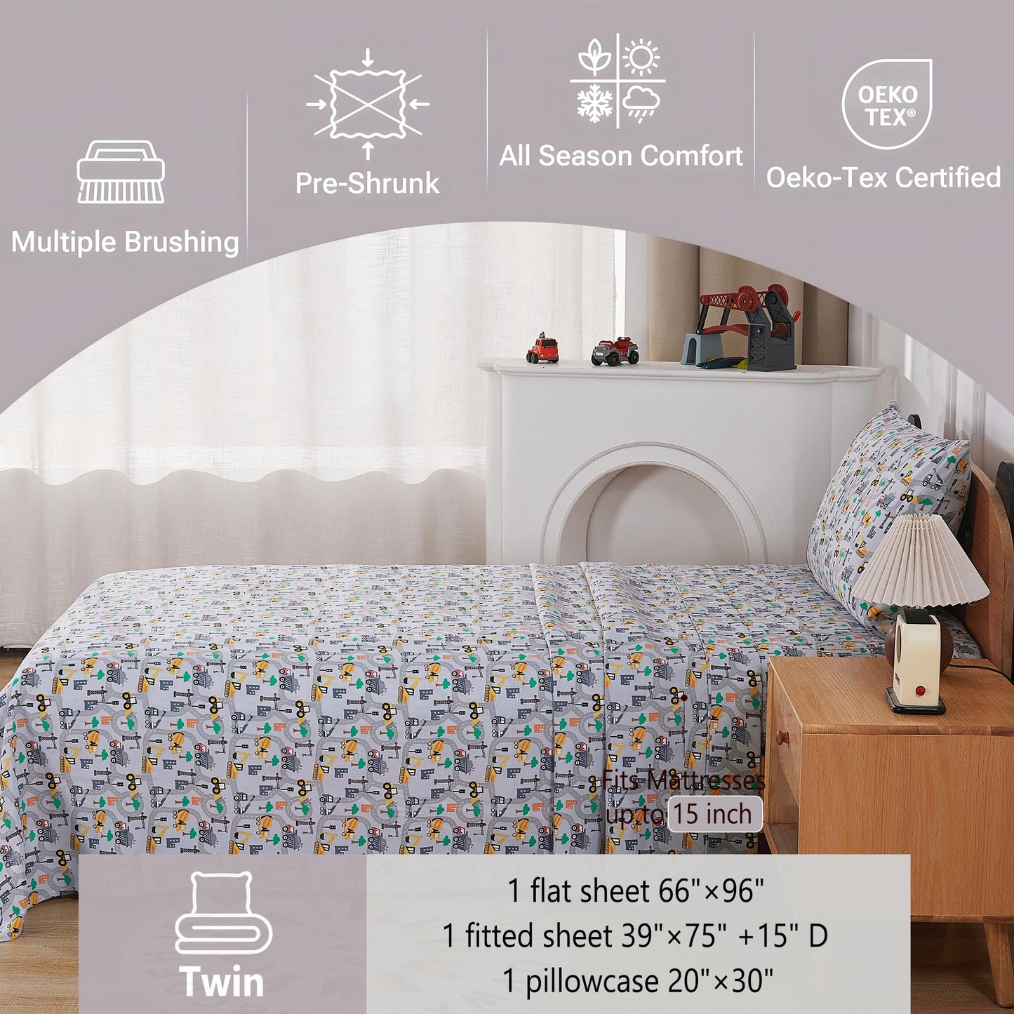 Softan Kids Bed Sheet Set, 3-Piece Twin Sheets Set, Microfiber Fitted Sheet with 15 Inches Deep Pocket and Corner Straps, Breathable & Silky Soft Excavator Pattern Sheet and Pillowcase Sets