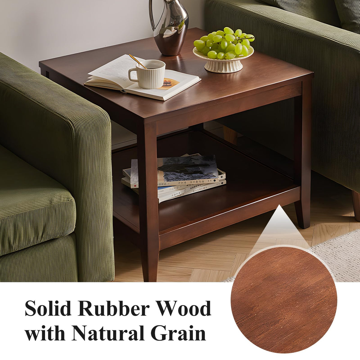Cttasty Side Table, Solid Wood Square End Table with Storage Shelf, 2-Tier Coffee Table for Living Room, Rubber Wood Small Sofa Table, Nightstand 23.62 H x 23.62 W x 23.62 D Inches (Walnut)