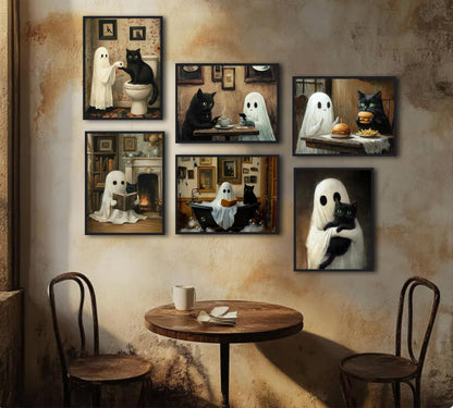 6Pcs Halloween Ghosts Wall Art Ghost Black Cat Funny Gothic Wall Decor Pictures Retro Horror Creepy Dark Academia Poster Prints for Bedroom Gallery Bar Home Decoration 8x10in Unframed