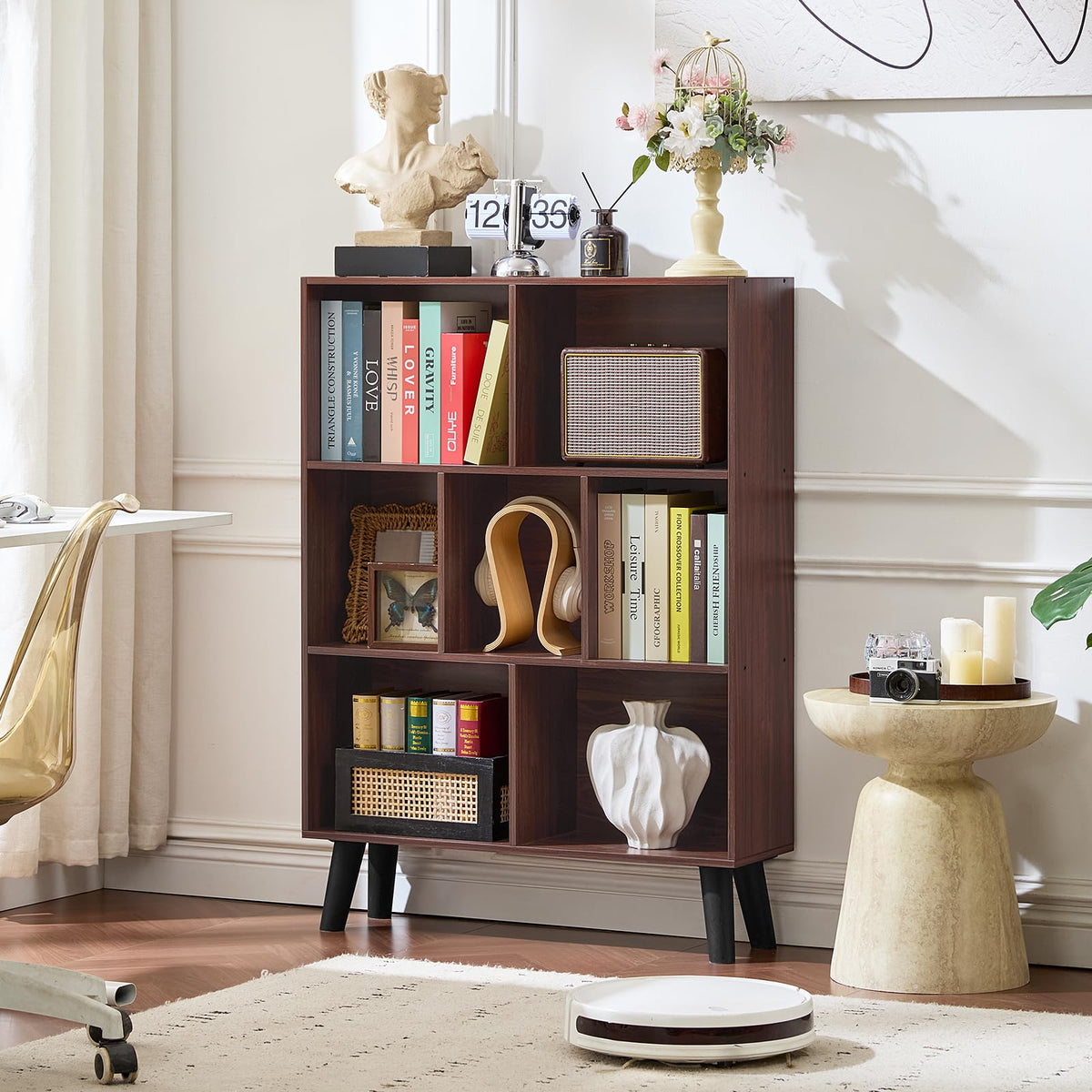 LEYAOYAO 7 Cube Bookshelf 3-Tier Bookcase with Legs, Mint-Walnut Kids Book Shelf Cute Storage Organizer, Toy Shelves Bookshelves,Wood Display Bookcases