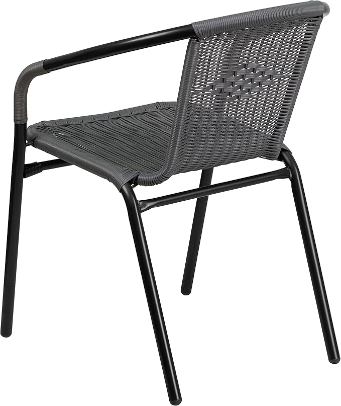 EMMA + OLIVER Set of 2 Modern Rattan Indoor/Outdoor Stack Chairs, Stacking Rattan Patio Chairs with Curved Back and Cross Bracing, Gray