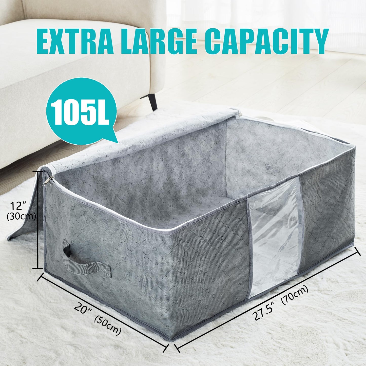105L Extra Large Storage Bags for Blankets, King Comforters, Bedding, Clothes, Pillows, Sheets - Closet Organizers and Storage with 4 Handles & Clear Window, Foldable & Breathable (Grey, 2pack)