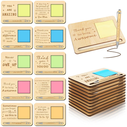 Kosiz 10 Set Employee Team Appreciation Gifts Bulk Wooden Motivational Sticky Note Holder with Notes and Ballpoint Pens Thank You Appreciation Gifts for Staff Employee Office Supplies