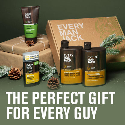 Every Man Jack Men's Bath and Body Gift Set - Amber + Sandalwood Scent - Clean Ingredients - Includes Hydrating Body Wash, 2-in-1 Shampoo, Aluminum-free Deodorant & Face Wash