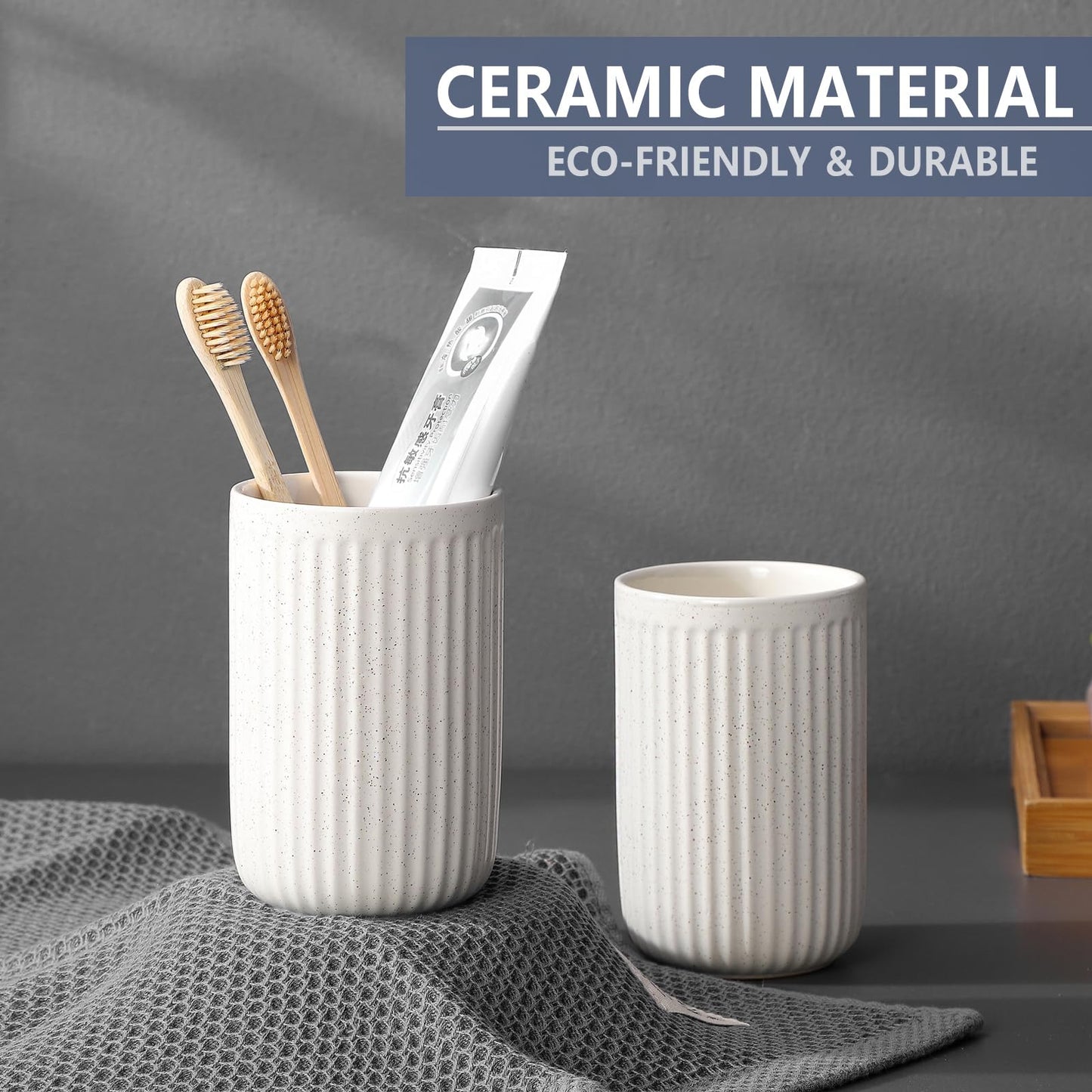 BSDISP Toothbrush Holders - 2 Cup Ceramic Toothbrush Toothpaste Holders Set, Beige Bathroom Tumbler Cups Reusable Toothbrush Mouthwash Cup, Bathroom Counter Organizer