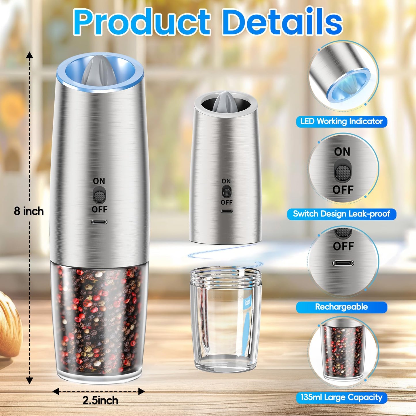 MealHelper Rechargeable Gravity Electric Salt and Pepper Grinder Set with LED Light, Type-C Fast Charging, Adjustable Coarseness, Large Capacity Grinder for Kitchen & Outdoor, (2 Pack-Stainless Steel)