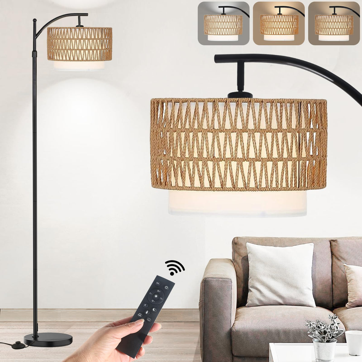Yusist Arc Floor Lamp for Living Room,Farmhouse Floor Lamps with Remote Control & Dimmable Bulb,Rattan Boho Tall Standing Lamp for Bedroom Office