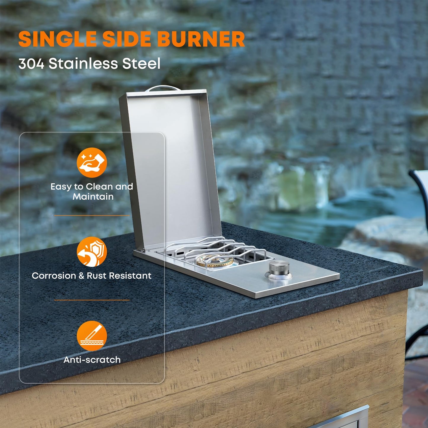 Stanbroil Built-in Single Side Burner for Outdoor Kitchen, 304 Stainless Steel Grilling Side Burners - Natural Gas Only