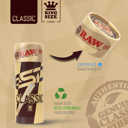 RAW Cones Classic King Size | 100 Pack | Natural Pre Rolled Rolling Paper with Tips & Packing Sticks Included