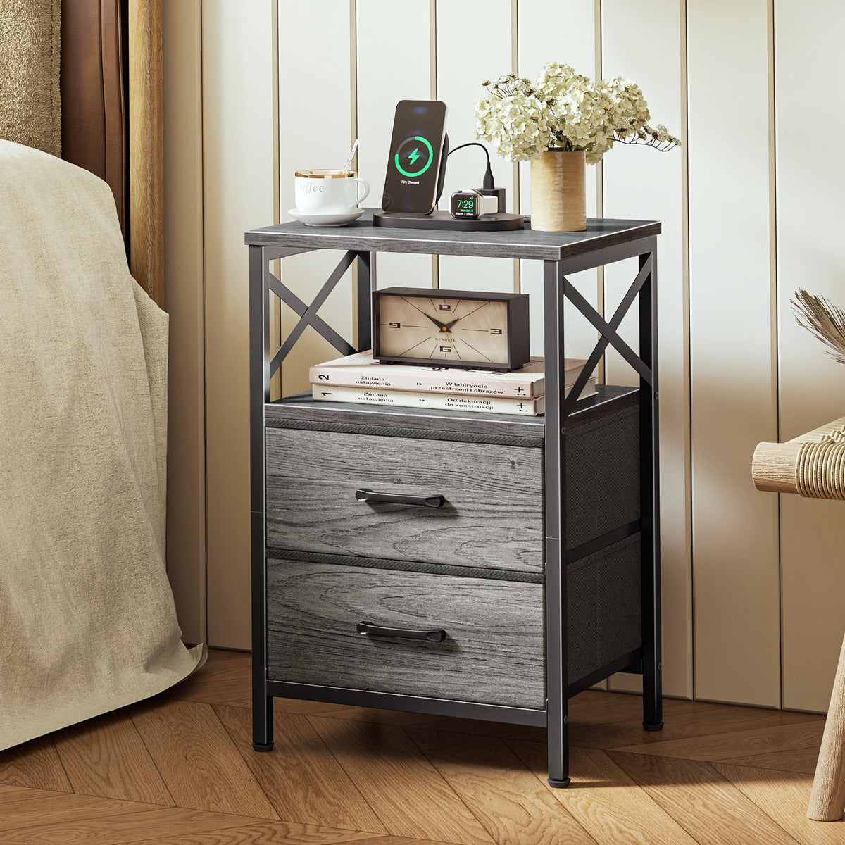 Huuger Nightstands Set of 2, Night Stand with Charger Station, 2 Drawer Side Table with Open Shelf, USB-C Port, End Table for Small Spaces, X Shaped Side Rail, Grey