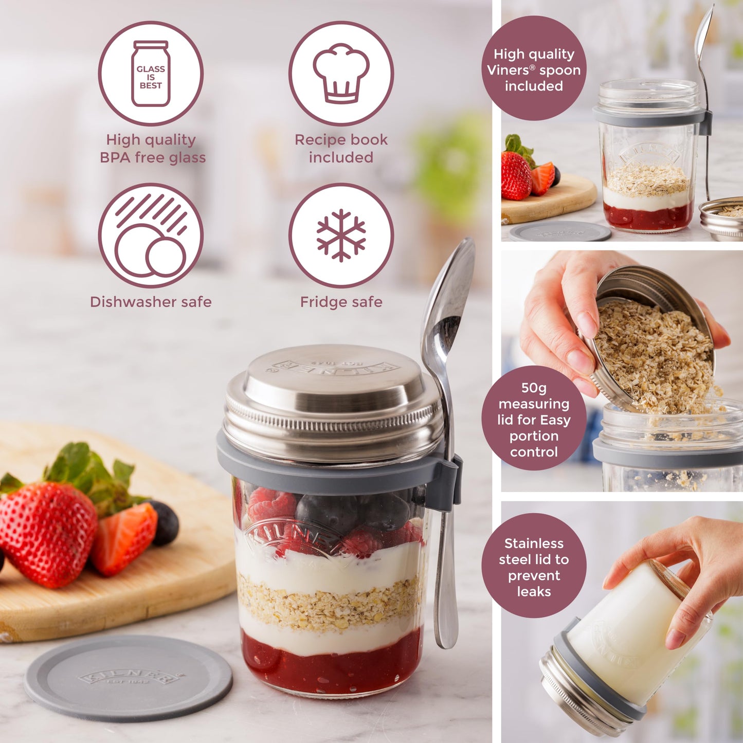 Kilner 0.35 Litre Breakfast Jar Set with Stainless Steel Spoon and Measuring Lid Perfect for Overnight Oats, Yogurt, Smoothie Bowls, Granola, Chia Pudding