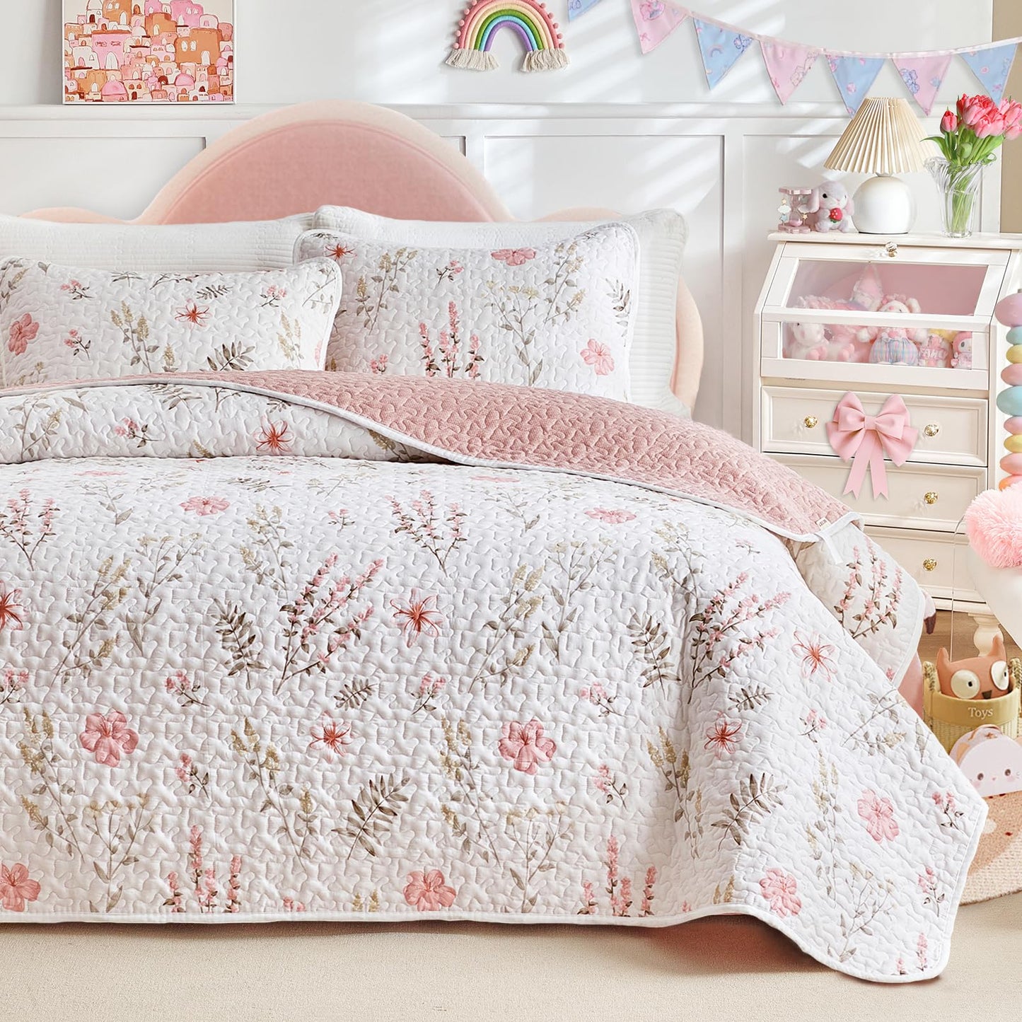Joyreap 3 Pieces Cotton Quilt Set for Girls, Queen Size Pink Floral Design, Cozy Lightweight Quilt Bedspread Bed Cover for All Season, 1 Quilt and 2 Pillow Shams- 90x90 inches