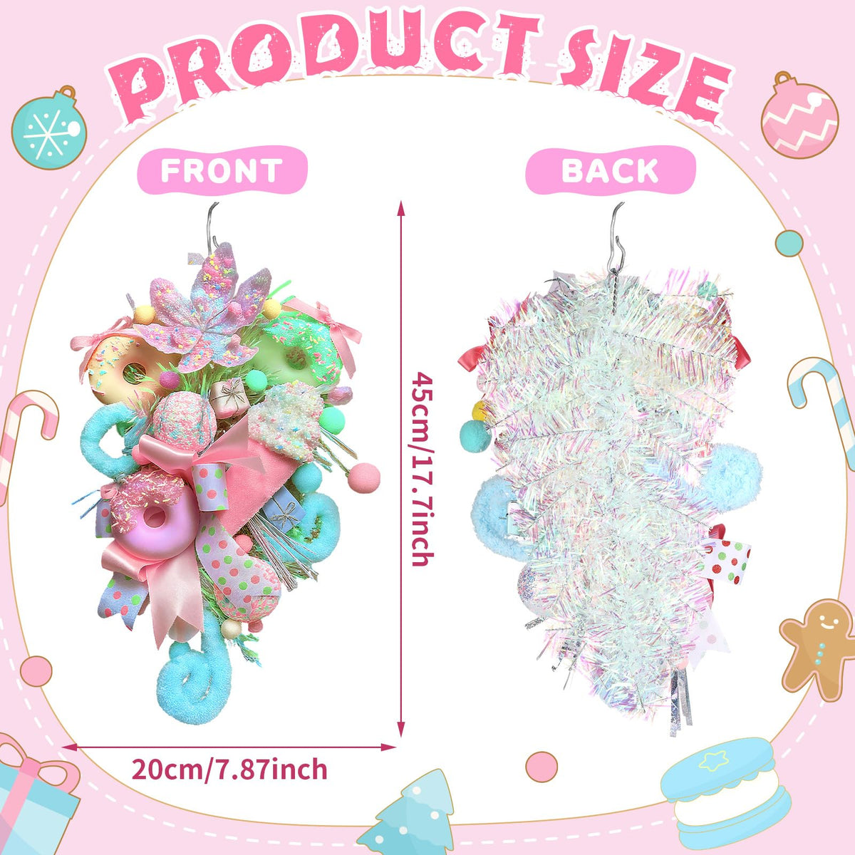 Retrowavy 18 Inch Pastel Christmas Teardrop Swag Decoration Xmas Candy Cane Tear Drop Swags Wreath with Ribbon Lollipop Sweet Donut Ice Cream Cake Curly Stem for Front Door Wall Fireplace Holiday