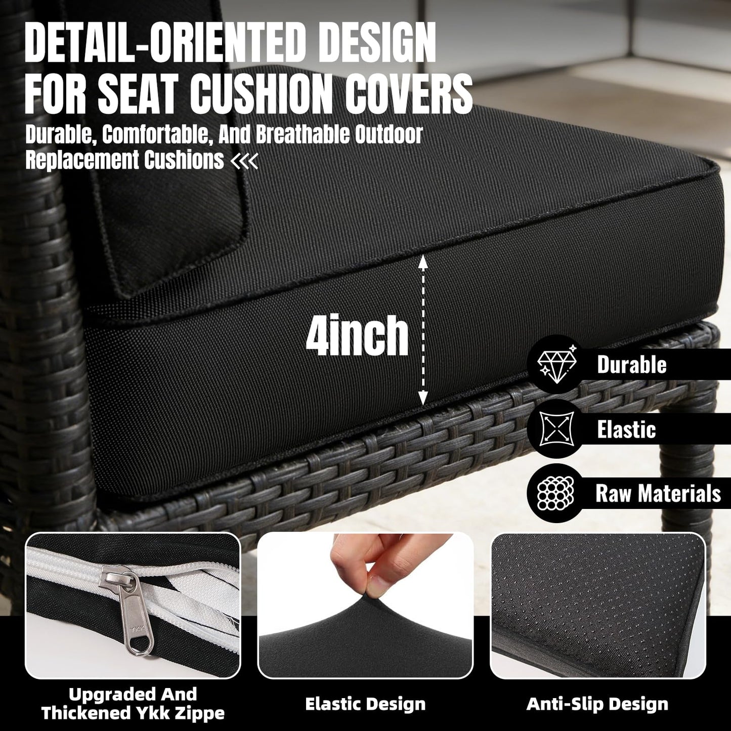 Cabubra 14PCS Outdoor Patio Furniture Cushion Covers, Waterproof & Sun-Resistant Zippered,Fit for Patio Furniture Sectional Sofas and Wicker Rocking Chairs,3 Sizes,Black. Covers Only