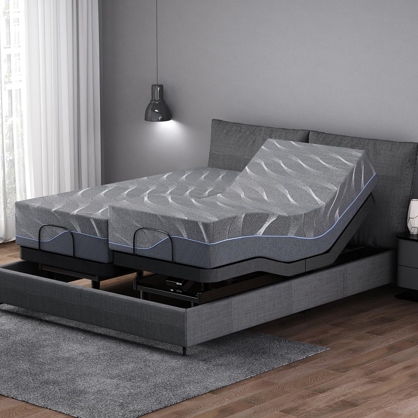 Vipbear Twin XL Adjustable Bed Base with Mattress, 12 Inch Grey Gel Memory Foam Medium-Firm Mattress in Box, Adjustable Bed Frame with Wireless Remote, 0 Gravity/Anti-Snore, Electric Smart Bed