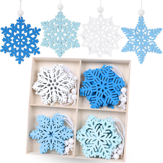 16Pieces Blue Snowflakes Ornaments 3inch Wooden Snowflake Christmas Tree Ornament for Winter Wonderland Christmas Decoration DIY Crafts 8 Styles