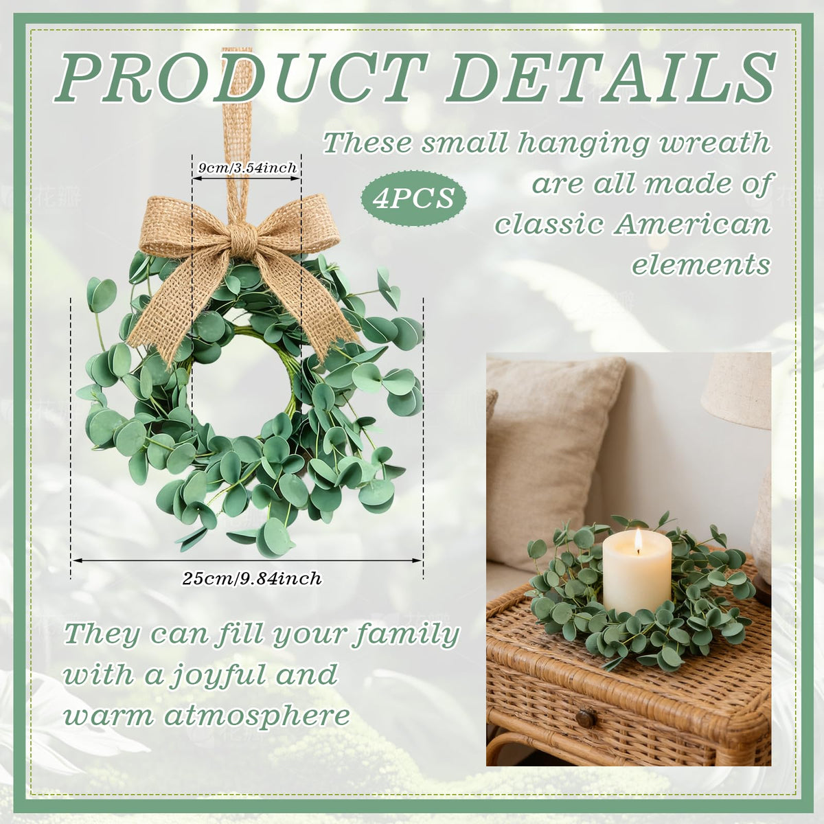 4 Pcs Small Spring Summer Candle Ring Wreaths with Artificial Eucalyptus Greenery Mini Pillar Candle Holder Wreath for Home Table Centerpieces Kitchen Wedding Farmhouse Party Decor