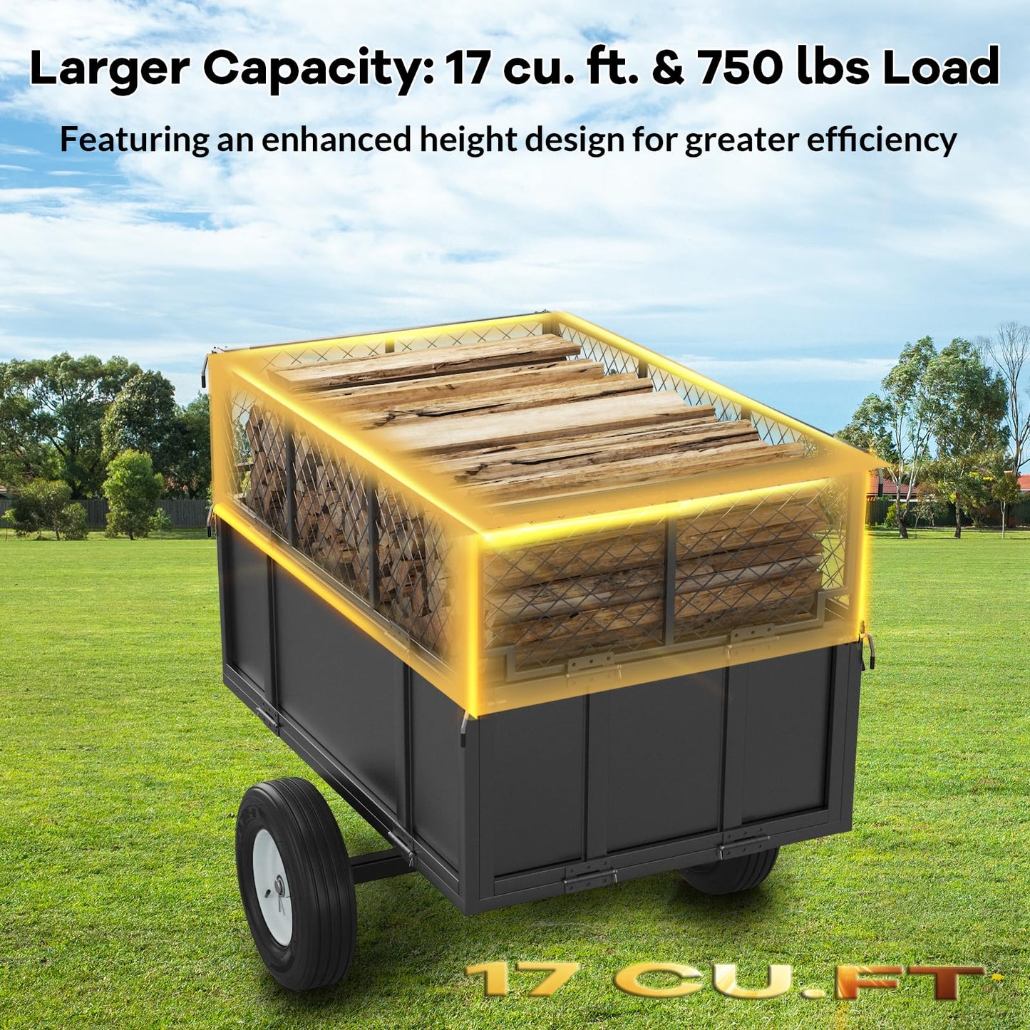 Garden Utility Trailer, ATV UTV Trailer Tow Behind Dump Cart, Heavy Duty 750lbs Garden Dump Cart with 17 Cu. Ft Bed, Steel Dump Trailer for Lawn Mower, Tractor, Removable Sides, Pneumatic Tires, Black