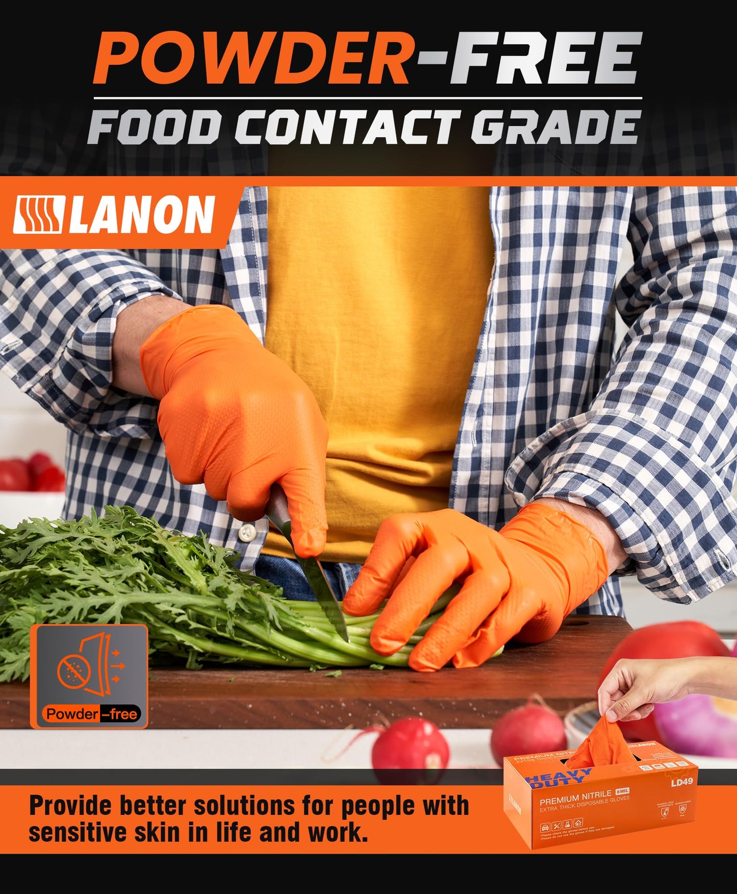 LANON 8-mil Orange Disposable Nitrile Gloves, Mechanic, Heavy Duty, Food Safe, Latex and Powder Free, Fully Diamond Textured, Large(Pack of 100)
