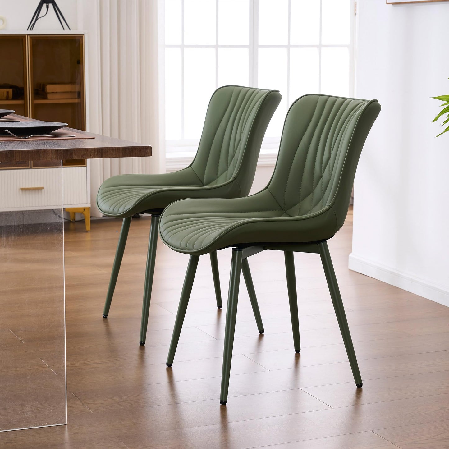 YOUTASTE Upholstered Leather Dining Chairs Set of 2 All Olive Green, Mid Century Modern Comfy Kitchen Dining Room Chair, Green Metal Legs, Armless Accent Chair for Living Room Bedroom