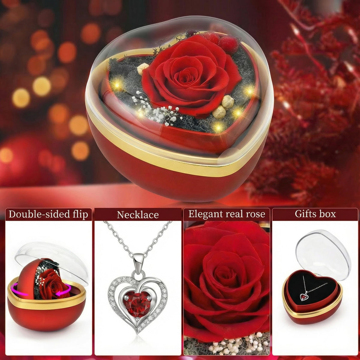 Eternal Real Rose Dainty Love Pendant , Preserved Red Rose Gift Box with Heart Necklace, Gifts for Women, Mom, Wife, Gifts Idea on Valentine's Day, Mother's Day, Birthday, Anniversary, Thanksgiving