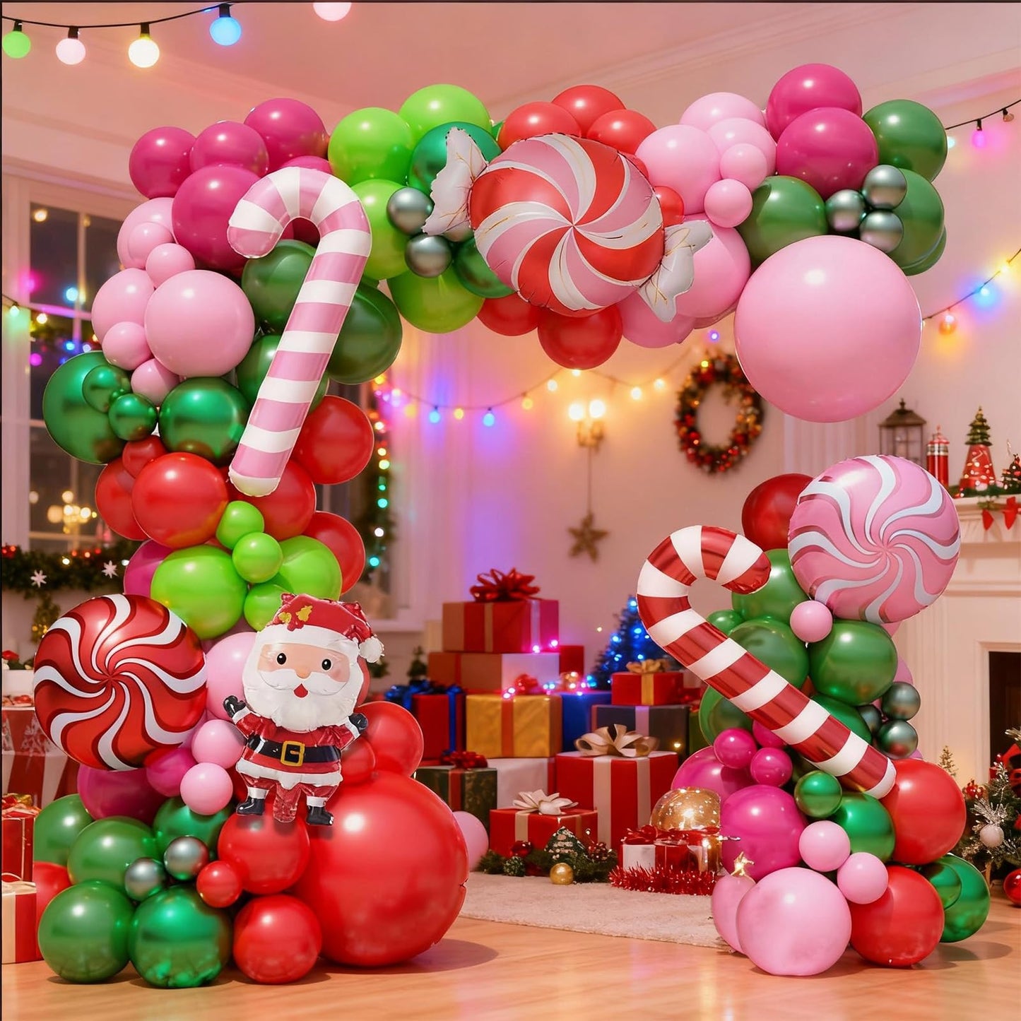 FunHot Christmas Balloon Arch Kit, Xmas Fruit Green Pink Balloon Garland, Hot Pink Red Metallic Green Latex Balloons with Candy Cane Santa Claus Windmill Foil Balloons for Christmas Party Decorations