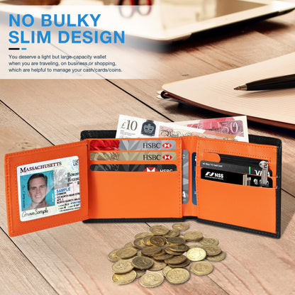 TEEHON Wallets for Men UK with RFID Blocking Slim Wallet with Coin Pocke, 11 Card Slots, 2 Note Pockets, ID Window & Gift Box - Black & Orange