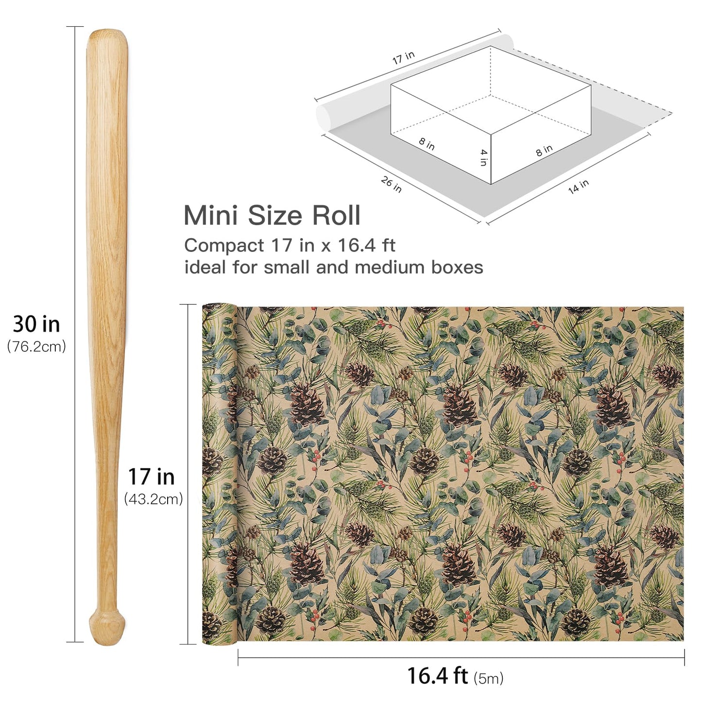 RUSPEPA Kraft Christmas Wrapping Paper Roll, Mini Roll, Watercolor Pinecone and Eucalyptus Leaf Design, Kraft Gift Wrap for Christmas, Winter Holiday Party, Rustic Natural Theme, 17 Inches x 16.4 Feet