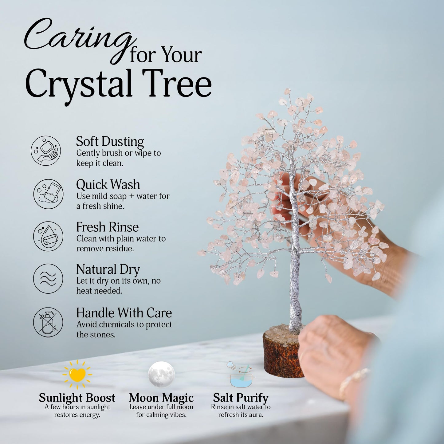 FASHIONZAADI Rose Quartz Crystal Tree, Silver Wire Feng Shui Gemstone Decor, Chakra Healing Stones Crystal Decor, Artificial Bonsai Money Tree, Good Luck Spiritual Gifts for Women & Men