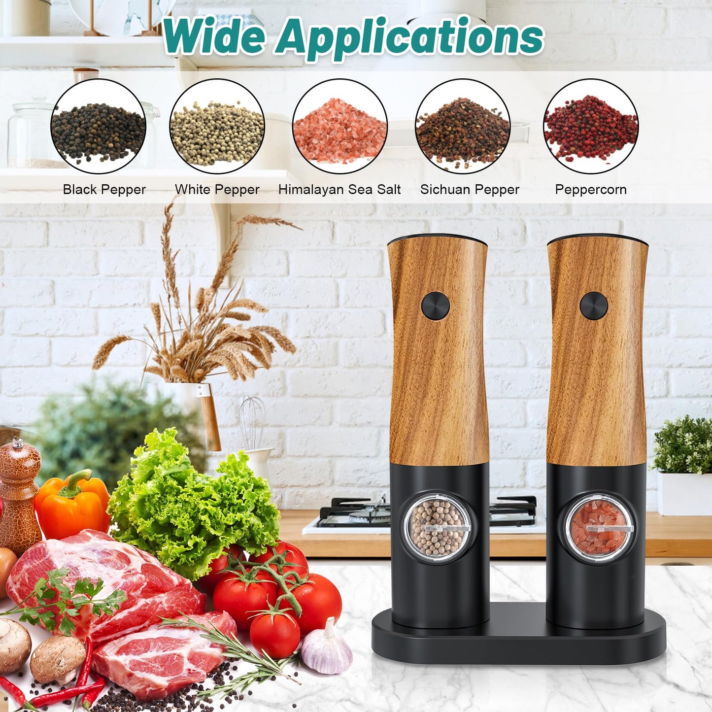 Electric Salt and Pepper Grinder Set - Automatic Battery Powered Salt Grinder Salt and Pepper Shakers Set Electric with Auto Light Adjustable For Gravity Operated Wood Grain Peppercorn Mill