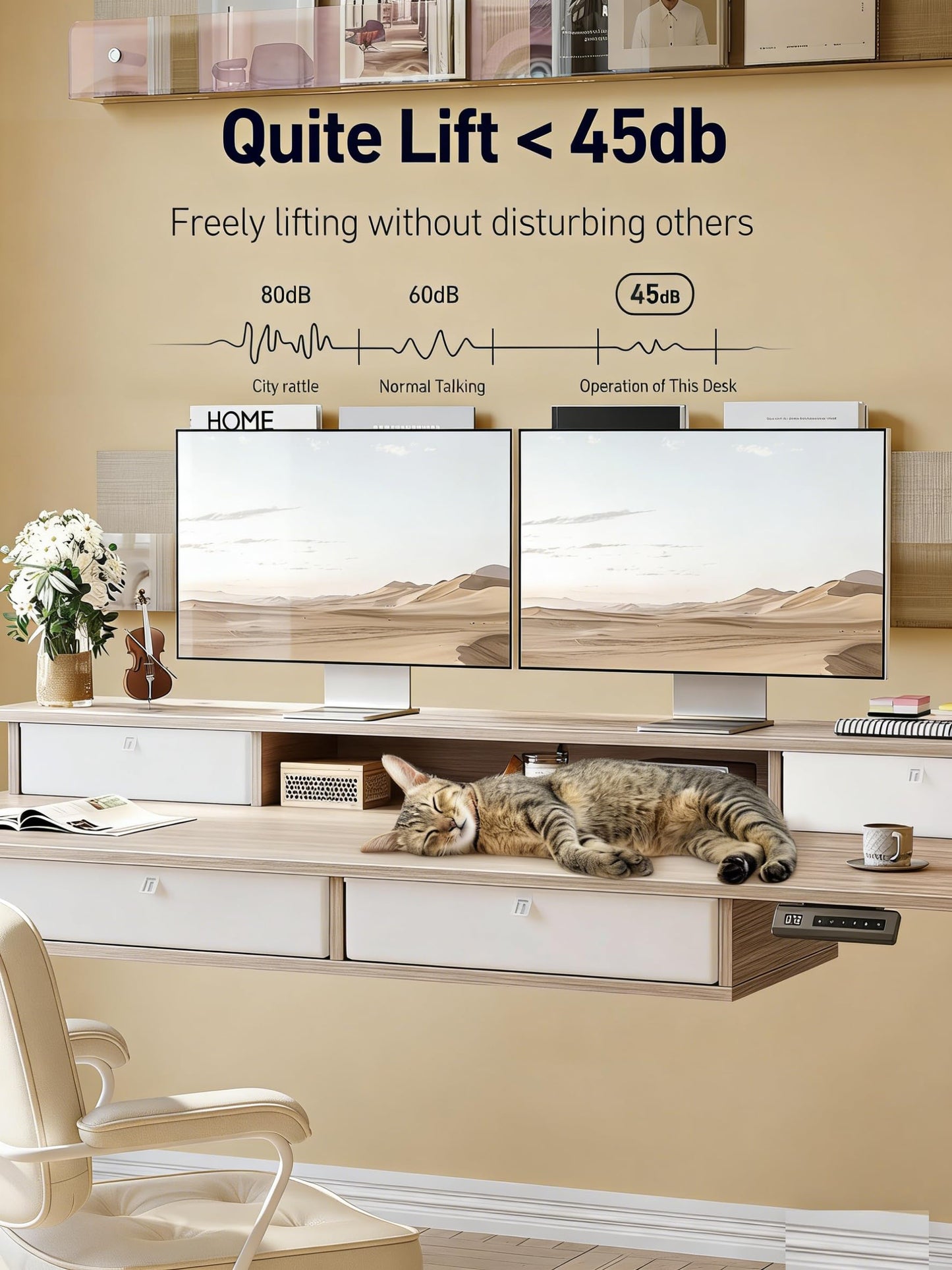 CubiCubi 55" x 30" Standing Desk with Drawers, Height Adjustable Electric Workstation, Computer Sit Stand Up Table with Large Storage Shelf 4 Drawers and 2 Hooks, Light Rustic Brown