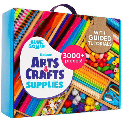 Blue Squid Arts & Crafts Chest - 3000+ pcs Deluxe Craft Kits for Kids Supplies Box, 2 Drawers, 18 Compartments, Sturdy Handle - Art and Crafting Kit Kids Craft Set, School Supply for Ages 4-8, 9-12