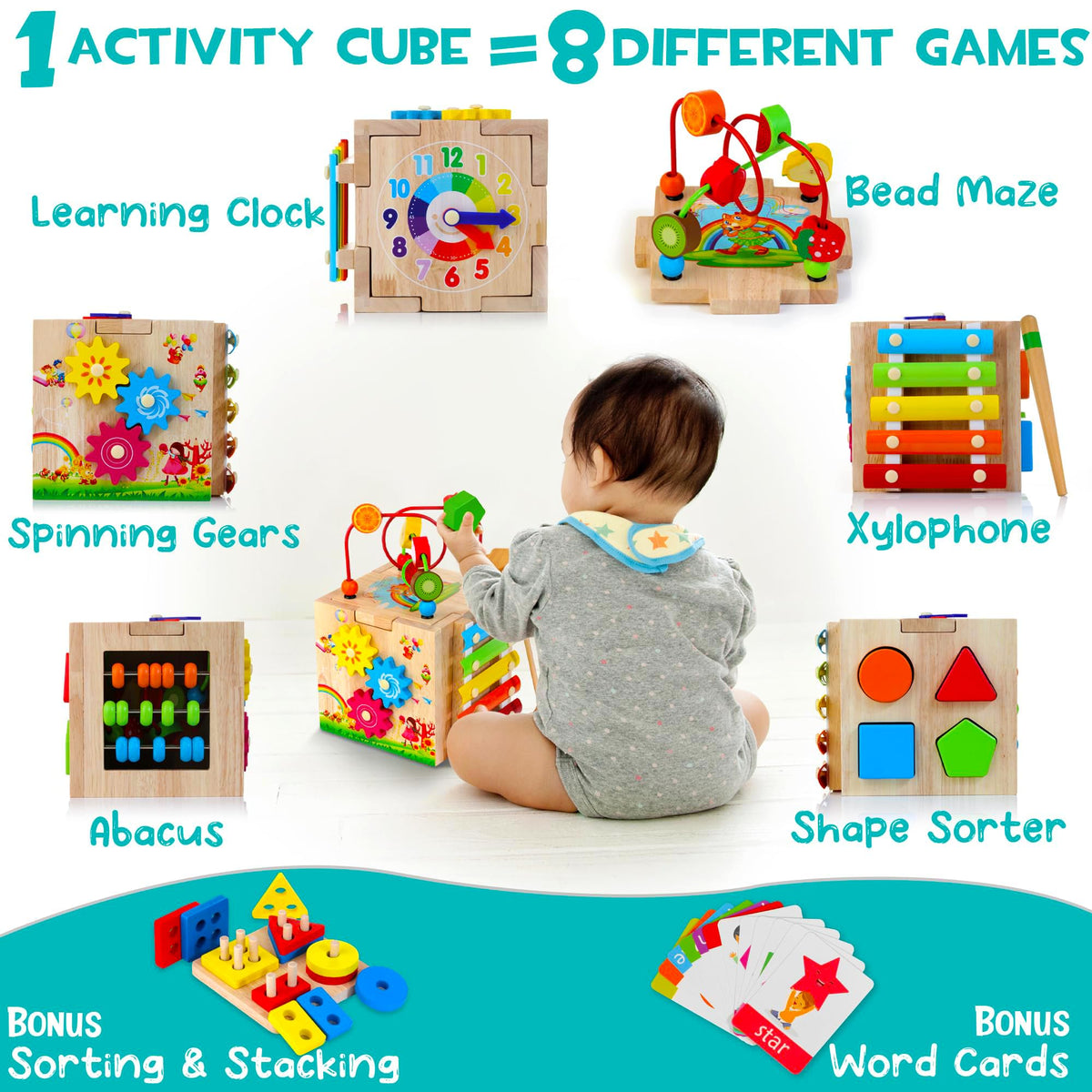 HELLOWOOD 8-in-1 Wooden Activity Cube for Kids, Sorting & Stacking Toys Shape Match Xylophone Montessori Learning Toy STEM Value Pack Gift for Boys Girls Toddlers-Light Pink Packaging