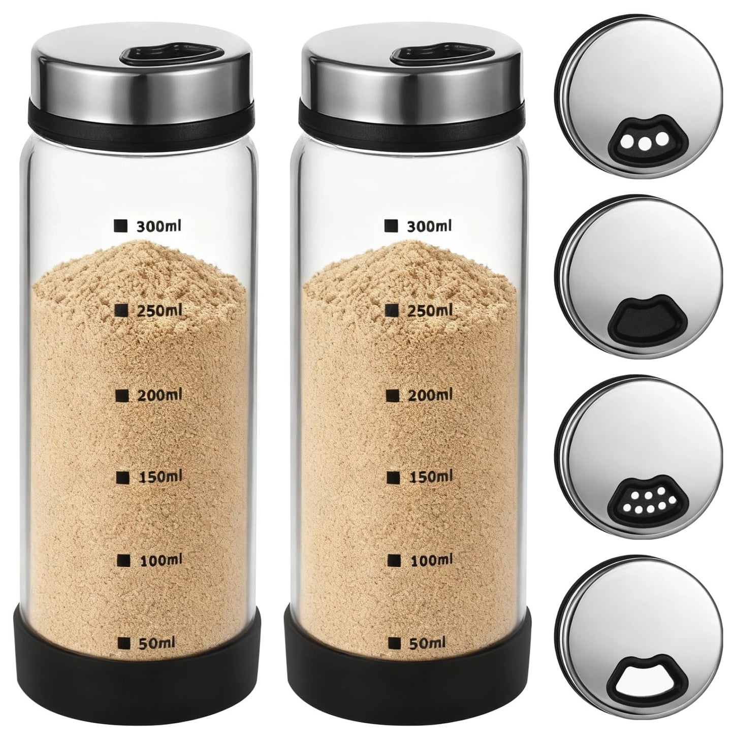 2 Pcs Salt and Pepper Shakers, 350ml Glass Spice Bottles with Adjustable Pour Holes, Spice Dispensers with Non-Slip Silicone Bases, Seasoning Jars with Rotating Steel Lids for Kitchen