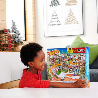 Hot Wheels Advent Calendar, 8 Hot Wheels Cars and 16 Winter-Themed Accessories behind 24 Numbered Doors Plus a Playmat, For Kids & Hot Wheels Fans, HKL74