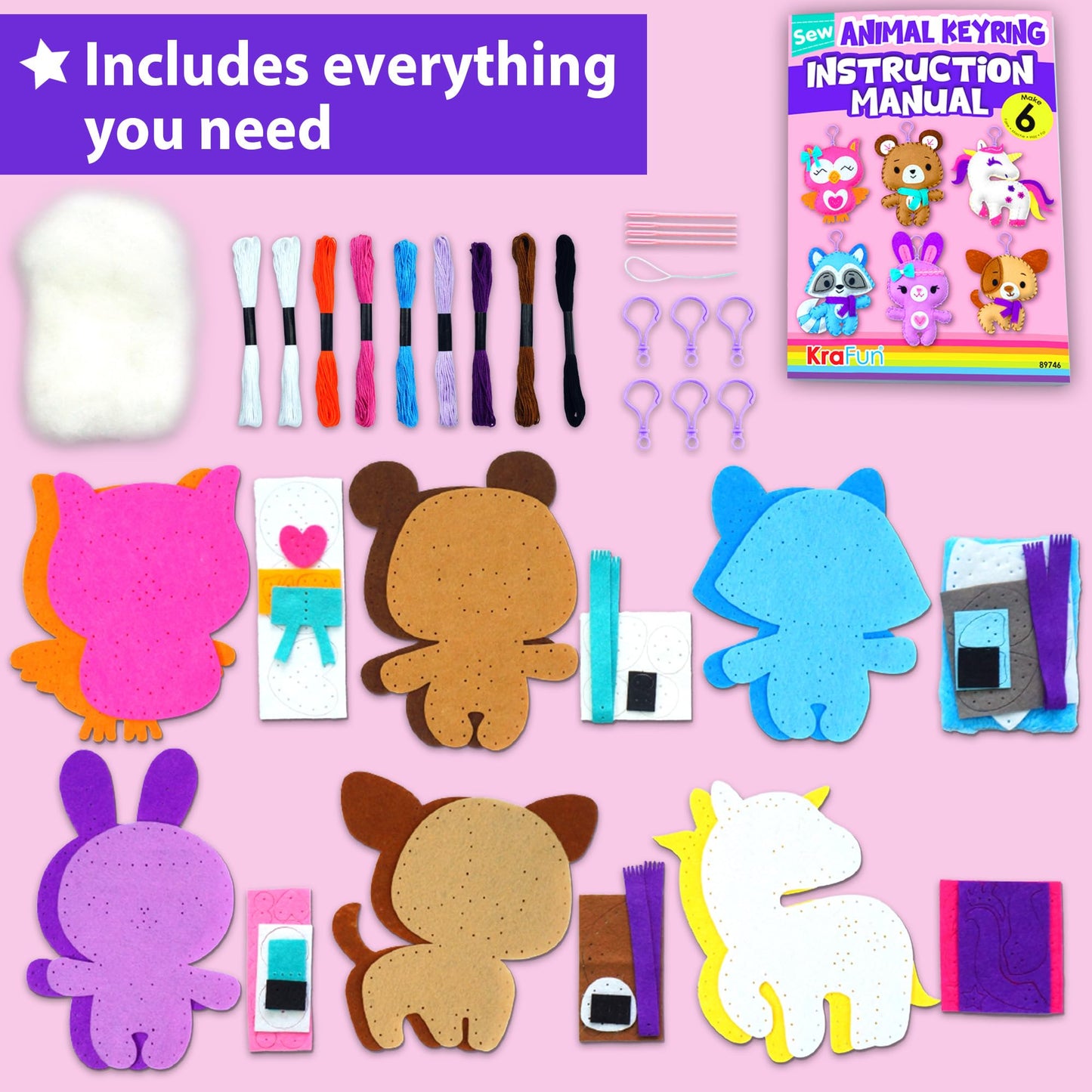 KRAFUN Unicorn Sewing Keyring Kit for Kids Ages 7-12, Beginner Craft Set with 6 Stuffed Dolls (Bear, Dog, Rabbit, Raccoon, Owl, Unicorn), Felt Materials, Embroidery Supplies, Instructions