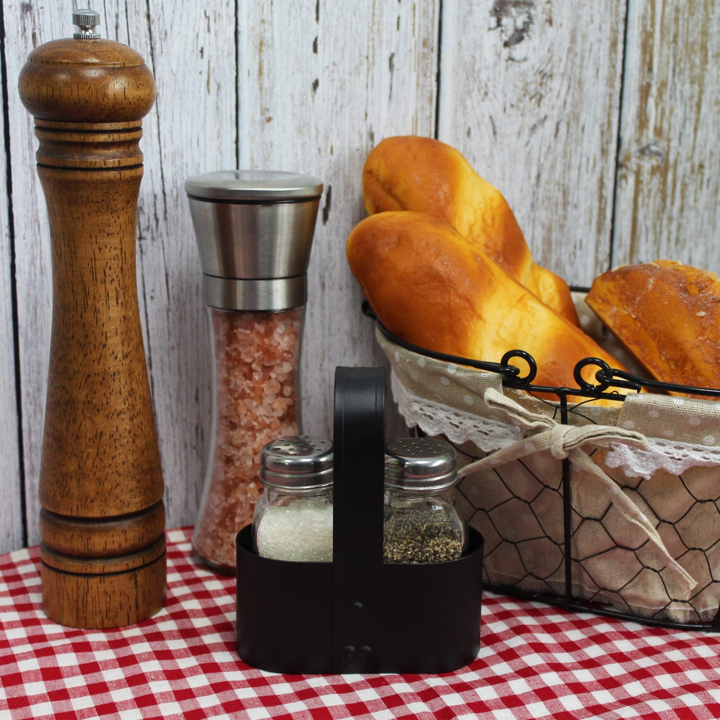 CVHOMEDECO. Salt and Pepper Shakers Set with Black Galvanized Caddy, Rustic Farmhouse Glass Salt and Pepper Shaker Dispensers, Black Metal Holder with Padded Feet, for Home Kitchen Table Decor. Oval