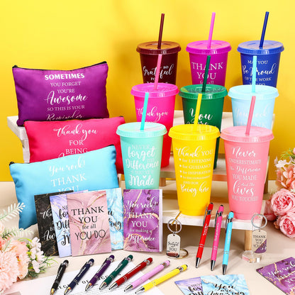 Funnymoom 50 Pcs Employee Appreciation Gift for Women 24 oz Thank You Plastic Tumbler with Inspirational Notepads Ballpoint Pens Makeup Bag Keychain Professional Gifts for Coworker Holiday