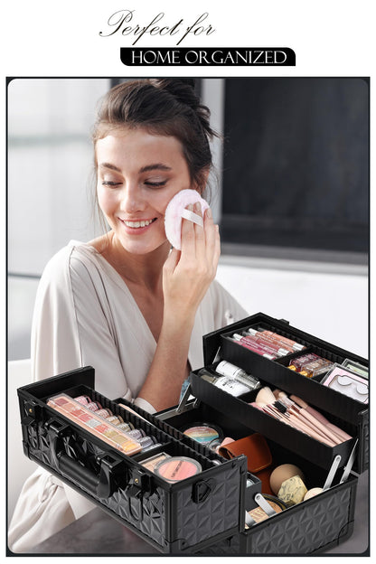 Joligrace Large Makeup Case Makeup Organiser Box Vanity Case Lockable Cosmetic Cases 4 Trays with Shoulder Strap Clasp, Black