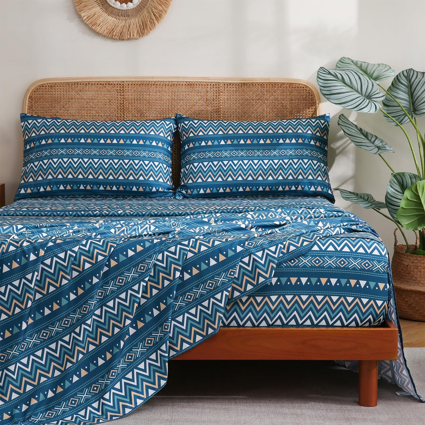 CozySmile Boho Sheet 4 Pieces King Sheet Set Bohemian,King Size Breathable Soft Microfiber Deep Pocket Bedding, Western Sheets Geometric(King, Teal Geometric)