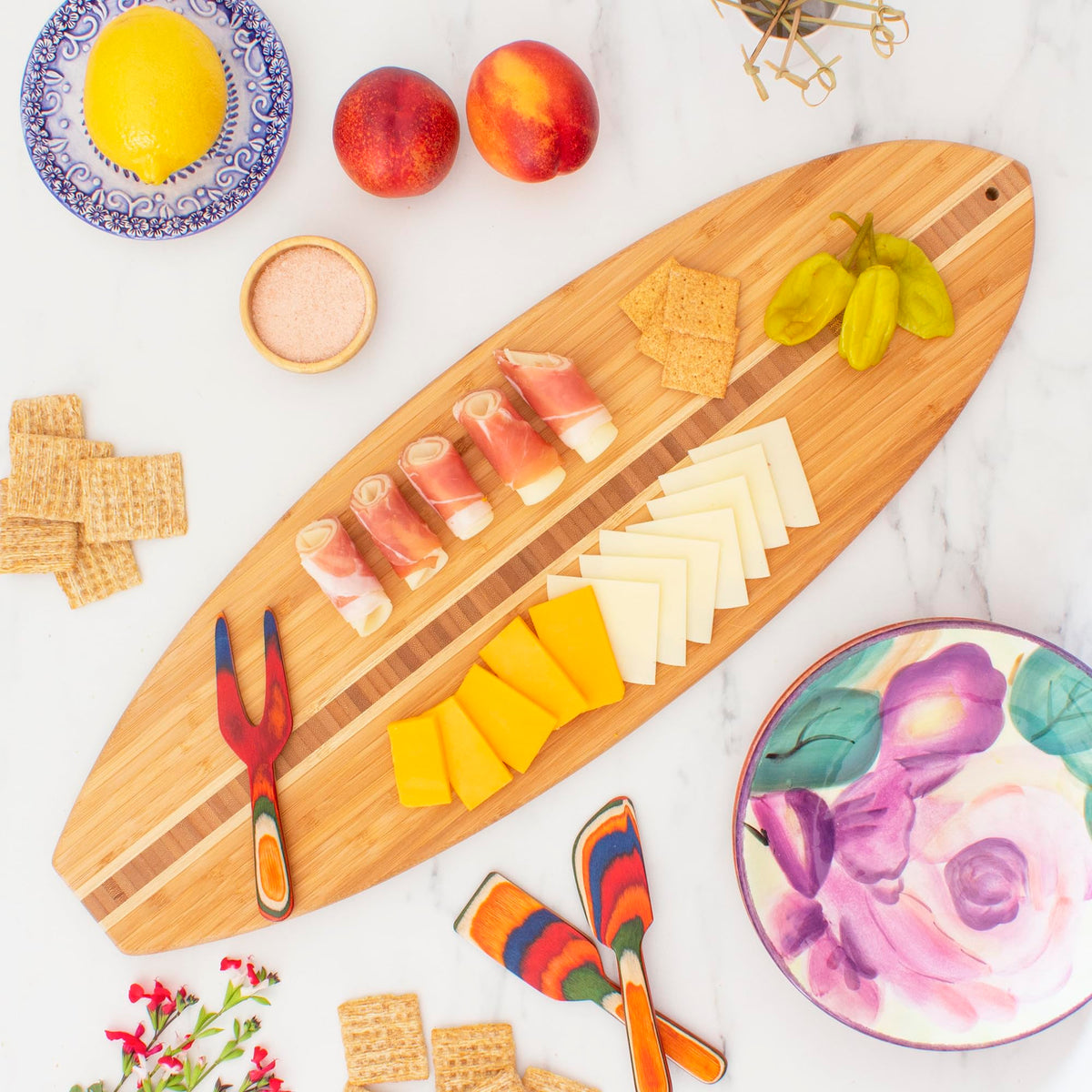Totally Bamboo Surfboard Cutting Board and Charcuterie Board, Beach-Themed Bamboo Serving Platter with Wall Hang Tie, 23" x 7.5"