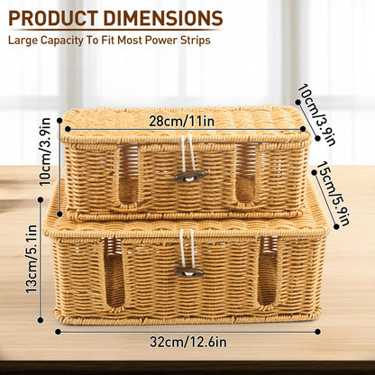 CENELO Cable Management Box - 2 Pack Cord Hider Organizer Boxs - Small & Medium Szie Power Cover Cord Box, Handwoven Rattan Cable Organizer for TV Computer USB Hub Power Strips & Cords