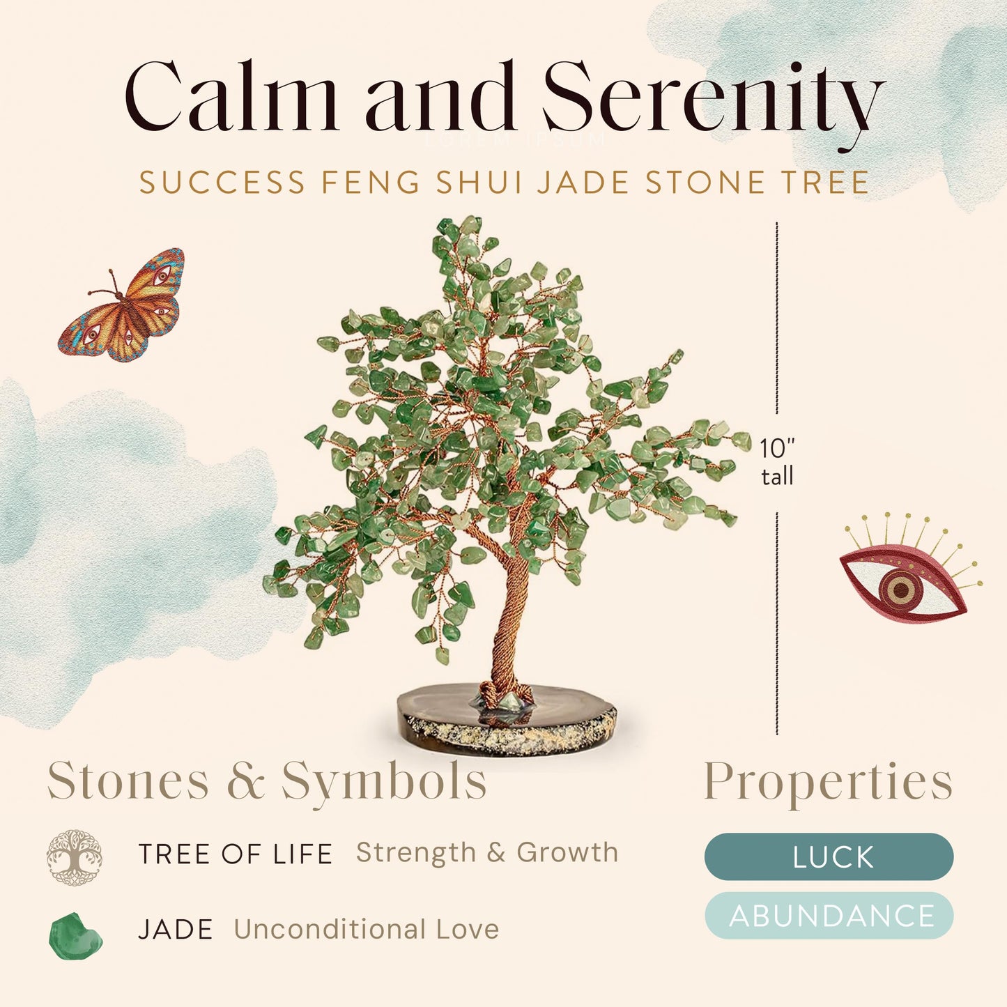 KARMA AND LUCK Jade Crystal Tree of Life, Feng Shui Money Tree Decor with Natural Jade Gemstones, Copper Wire Bonsai Tree on Agate Base, Spiritual Home, Office, Desk Decor Gift, 10" Large