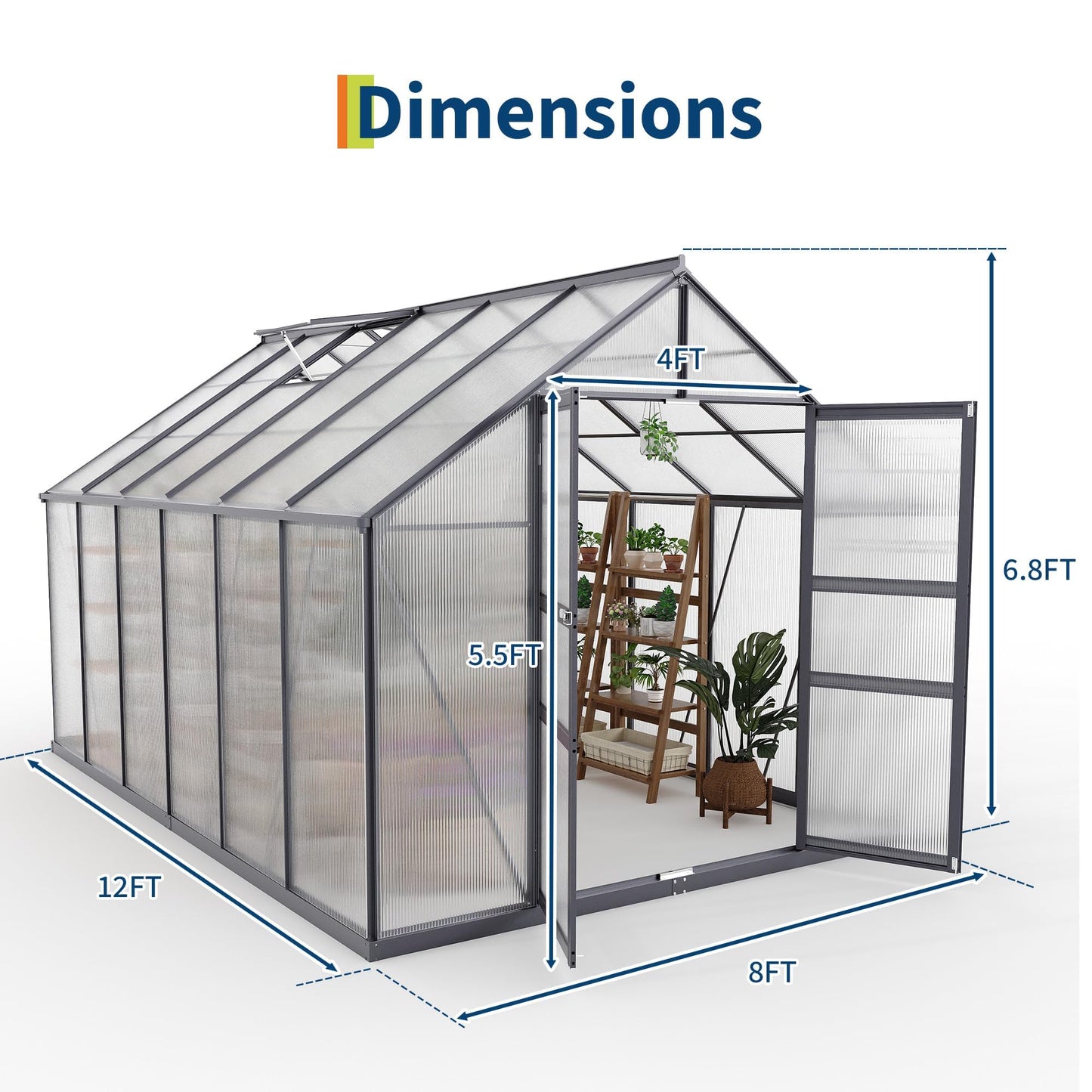 8×12FT Polycarbonate Greenhouse for Outdoors, Large Walk in Green House Kit and Winter Garden Planting, Enhanced Aluminum Green Houses for Outside to Protect Vegetables or Plants