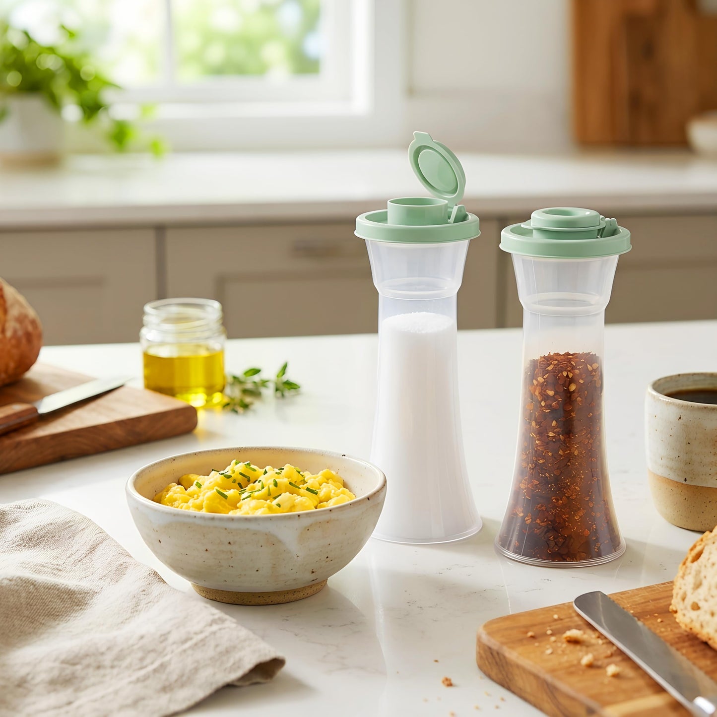 Tupperware Large Hourglass Salt and Pepper Shakers Clear Containers with Sage Green
