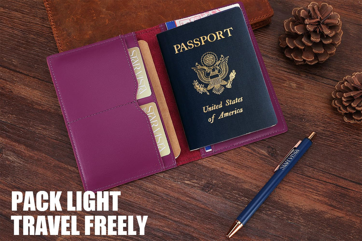 STAR VISTA Albatross Leather Travel Passport Holder, Minimalist Design, Calfskin Leather Case for Women and Men - Slim Passport Wallet, Bifold, RFID Blocking, Violet