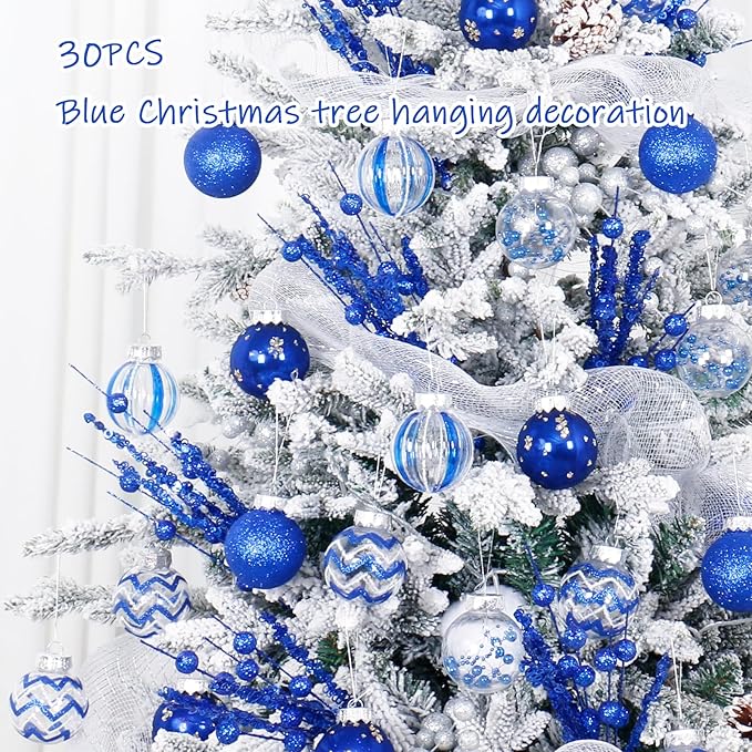 SY Super Bang 30PCS Blue Christmas Ornaments Set, 60MM/2.36" Clear Plastic Shatterproof Ball Ornaments for Christmas Tree Hanging Decorations, for Home Holiday Party Xmas Decor.