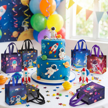 Kigeli 30 Pcs 6 Style Space Goodie Bags, Space Party Favors Large Non-woven Gifts Bags with Handles, Astronaut Planet Rocket Goodie Candy Tote for Baby Shower, Galaxy Theme Birthday Party Supplies