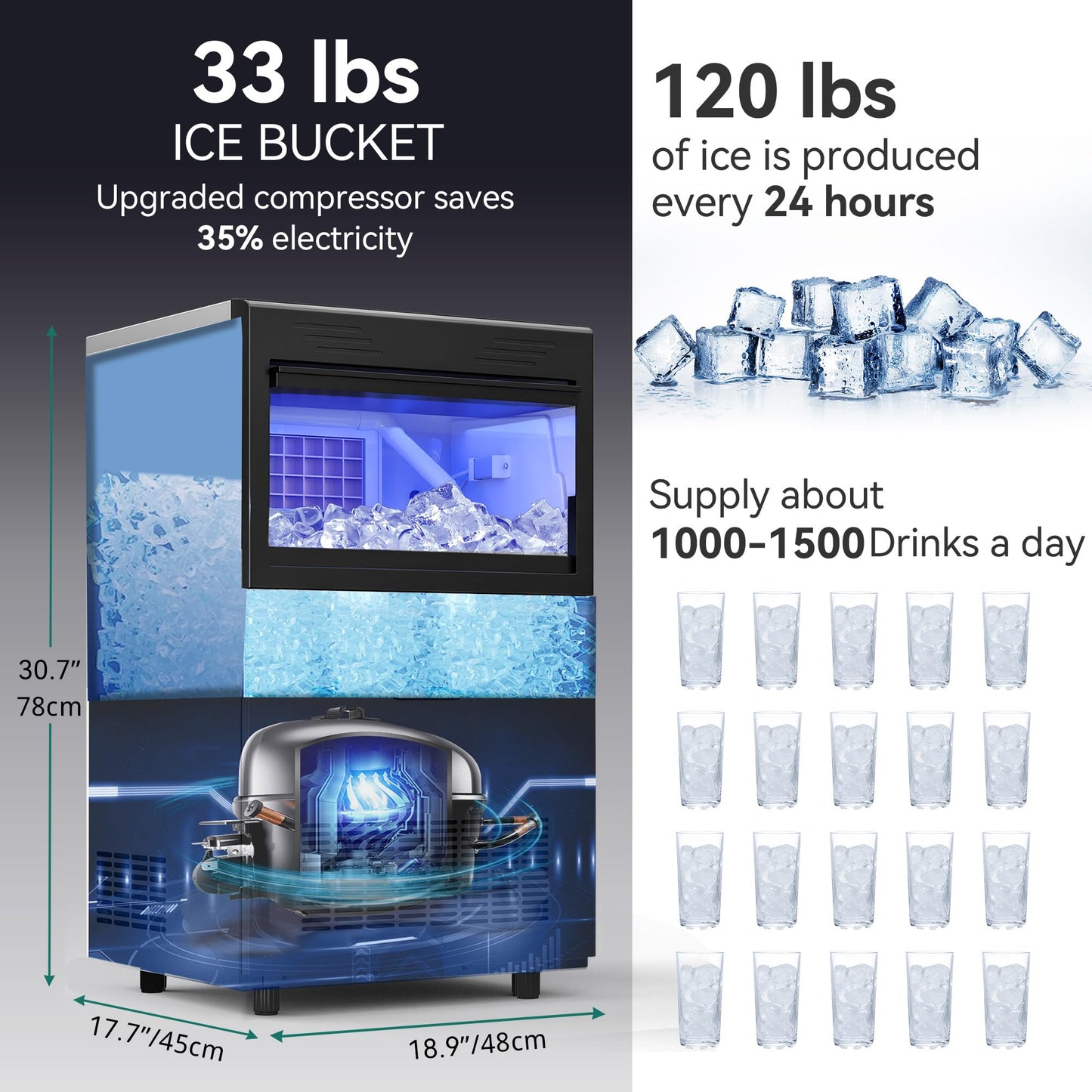 YITAHOME 120Lbs Commercial Ice Maker Machine, Under Counter Ice Machine Commercial, Big Ice Makers for Home Cafe Bar Restaurant 50pcs with 33lbs Storage Bin