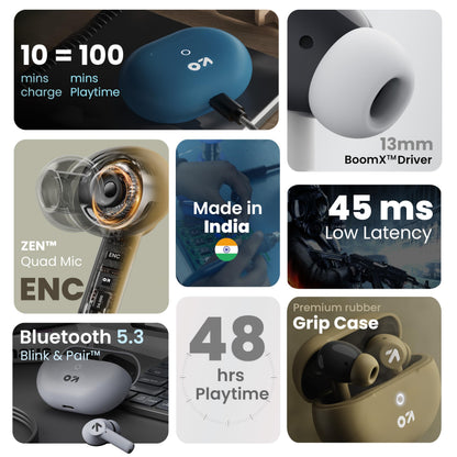 Boult K40 True Wireless in Ear Earbuds with 48H Playtime, Clear Calling 4 Mics, 45ms Low Latency Gaming, Premium Grip, 13mm Bass Drivers, IPX5, Type-C Fast Charging, BTv 5.3 Ear Buds (Electric Black)